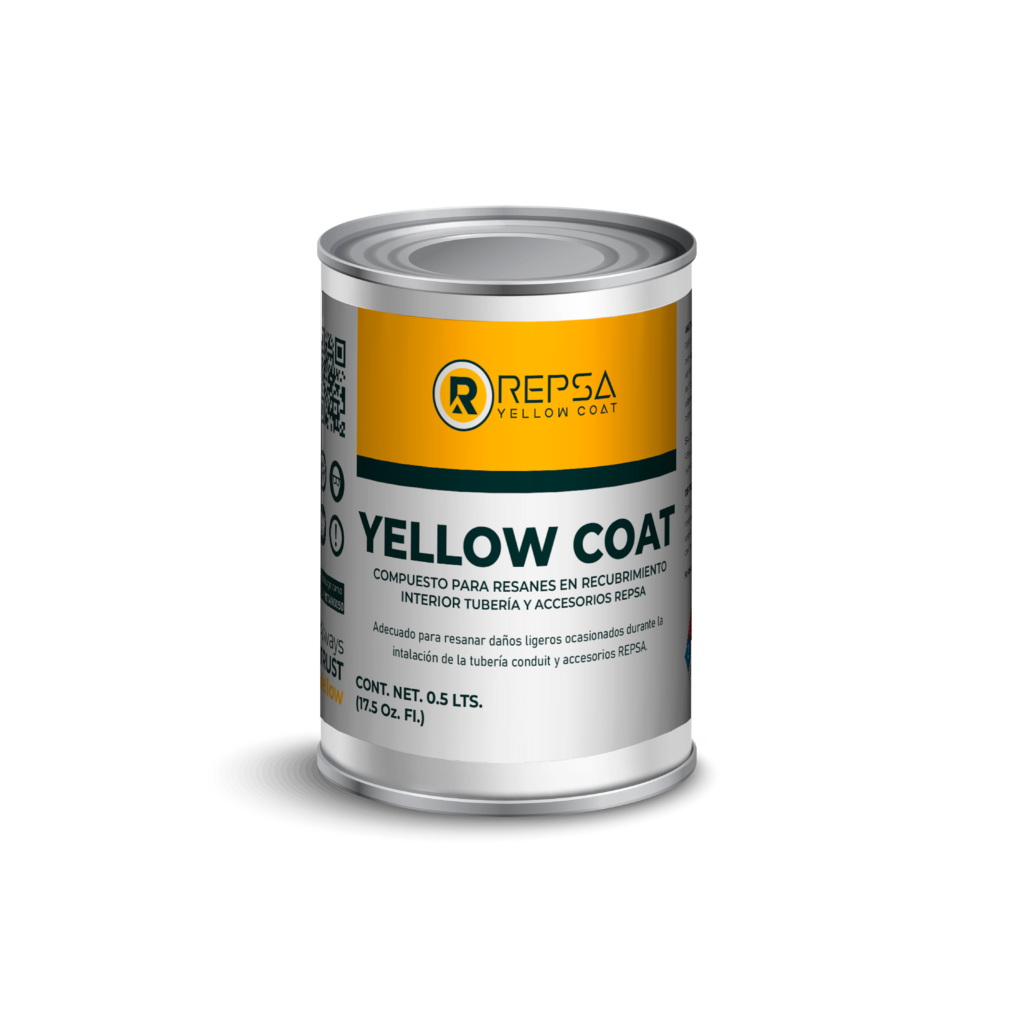 Resanador para tuberías y accesorios eléctricos recubiertos de PVC gris, marca REPSA Yellow Coat®.
