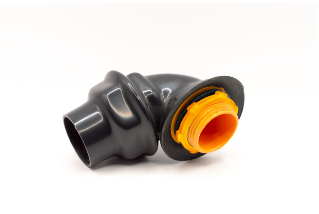 Conector Liquidtight recto a 45° o curvo a 90° a prueba de líquidos fabricado en aluminio libre de cobre, Clase I Div. 2, con recubrimiento exterior de PVC e interior con uretano amarillo, marca REPSA Yellow Coat®.
