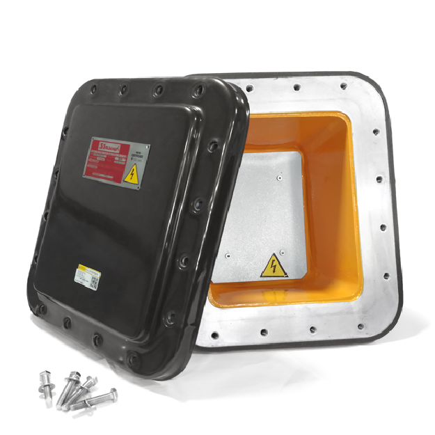 Caja de conexiones a prueba de explosión con recubrimiento de PVC marca REPSA Yellow Coat.