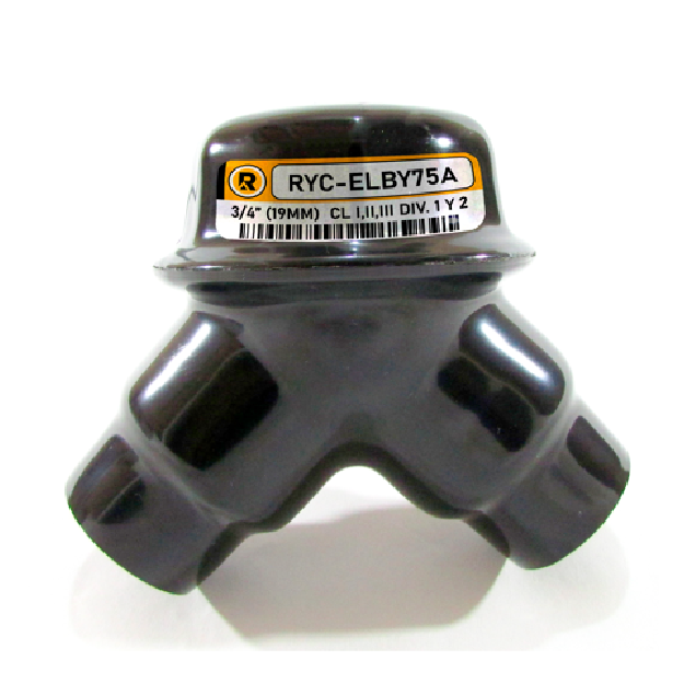Codo para jalado con tapa roscada tipo LBY con recubrimiento de PVC marca REPSA Yellow Coat.