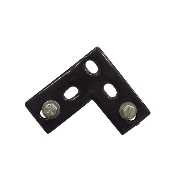 Conector angular a 90° para ángulo multi perforado con recubrimiento de PVC marca REPSA Yellow Coat.